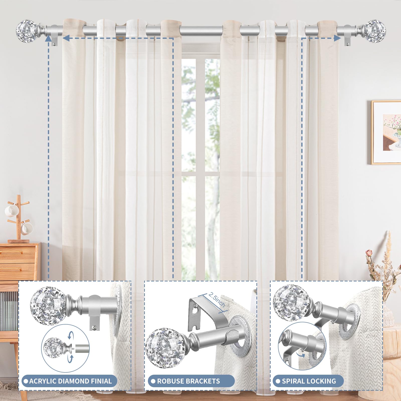 TVWOO silver rods with brackets for easy wall mounting