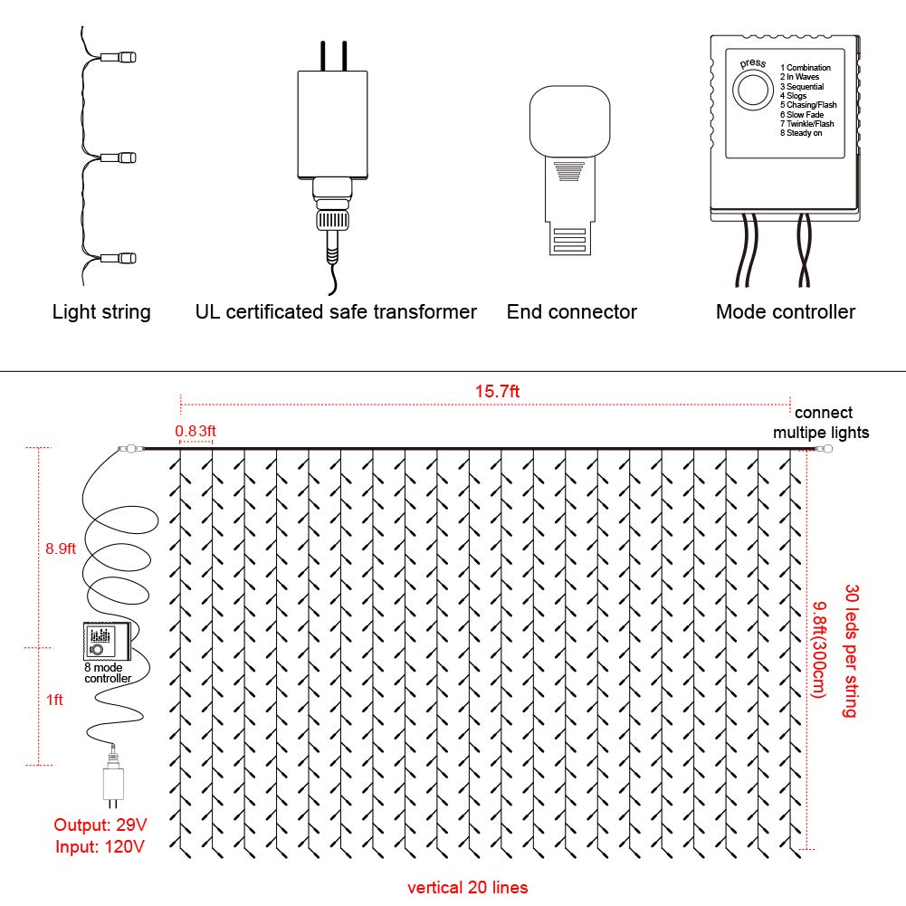 Long 8.9ft lead wire for flexible placement of Twinkle Star curtain lights.