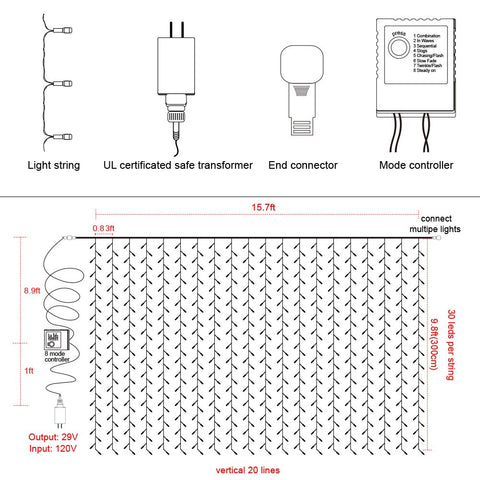 Long 8.9ft lead wire for flexible placement of Twinkle Star curtain lights.