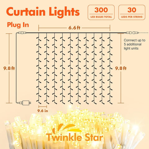 Twinkle Star warm-white curtain lights showing 8 modes to set the mood