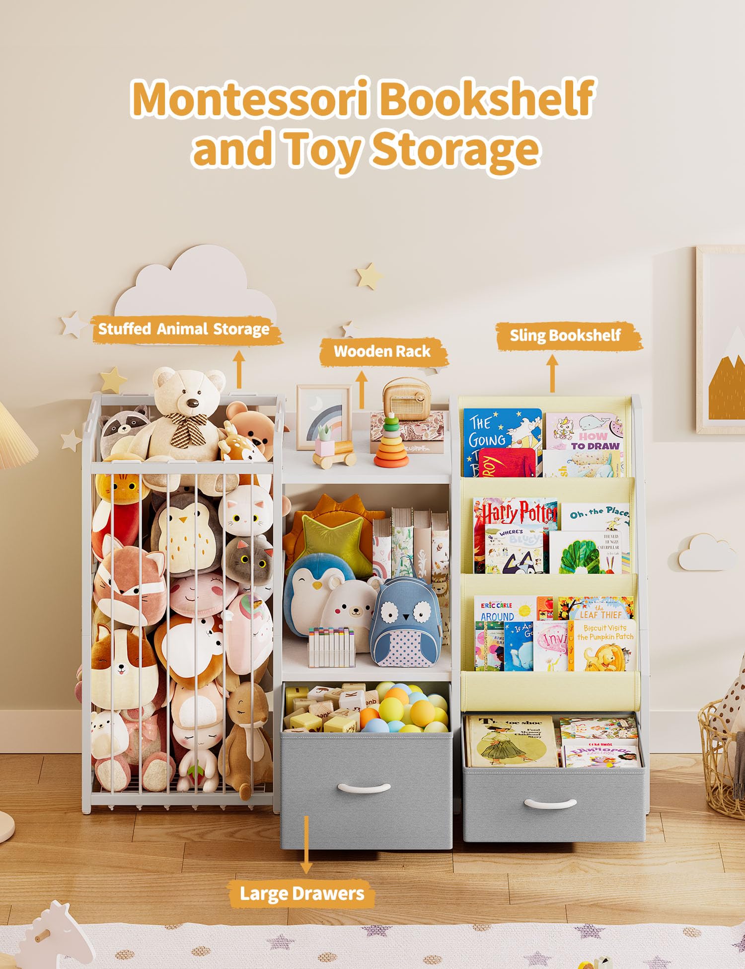 Twinkoo stuffed animal storage with elastic ropes keeps plushes neat.