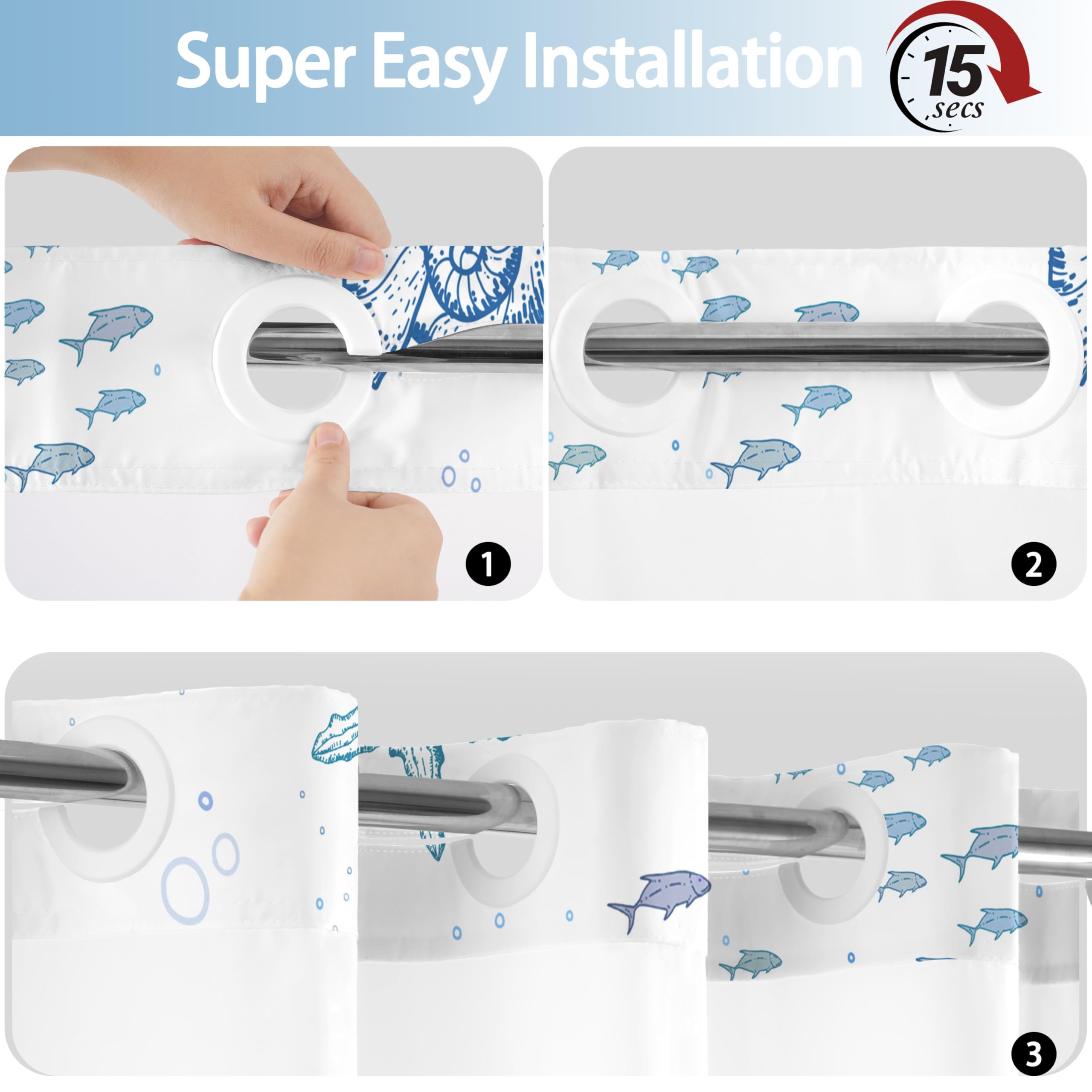 TWLSNCD blue shower curtain provides waterproof protection against splashes.