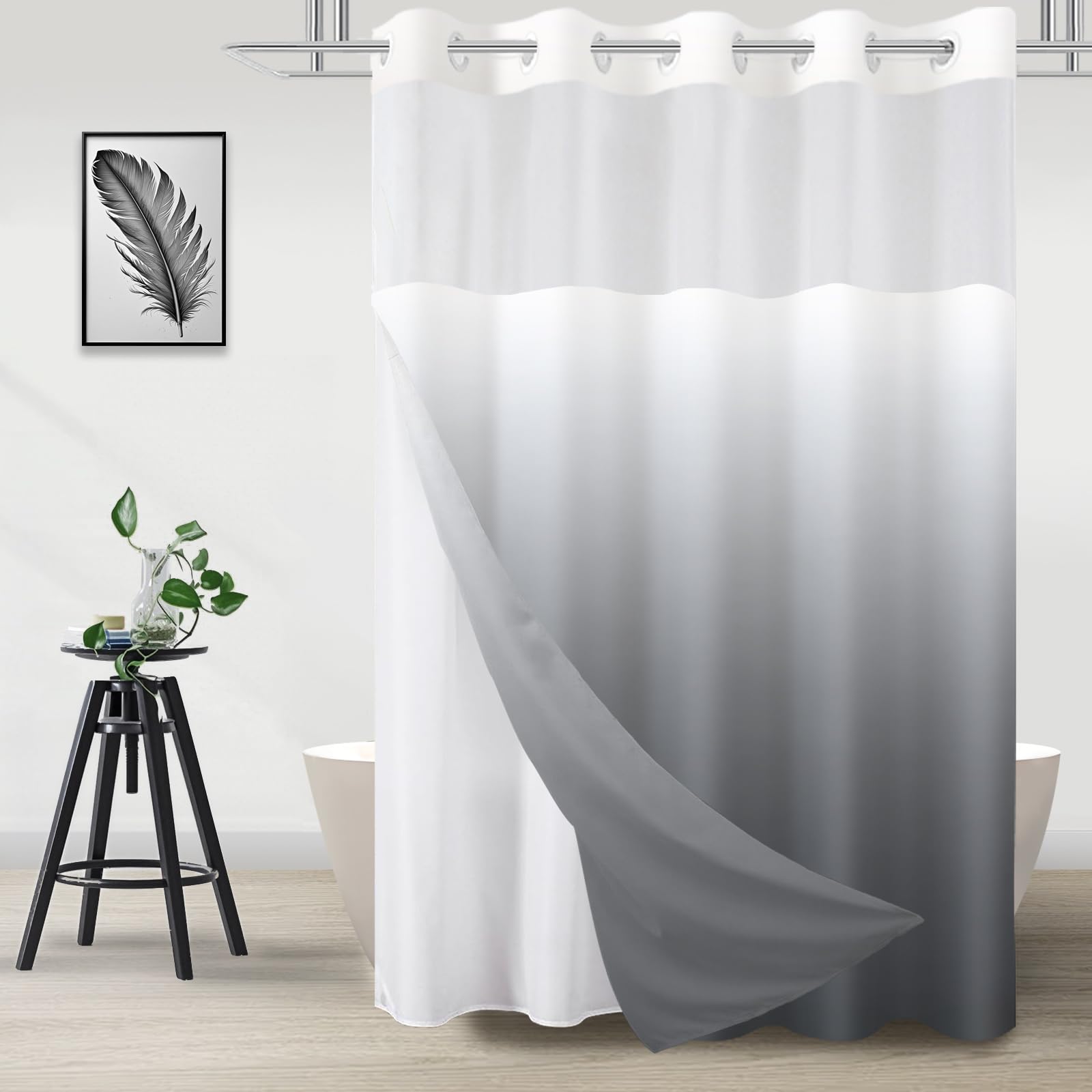 TWLSNCD no hook curtain with built in flex rings for quick, quiet setup.