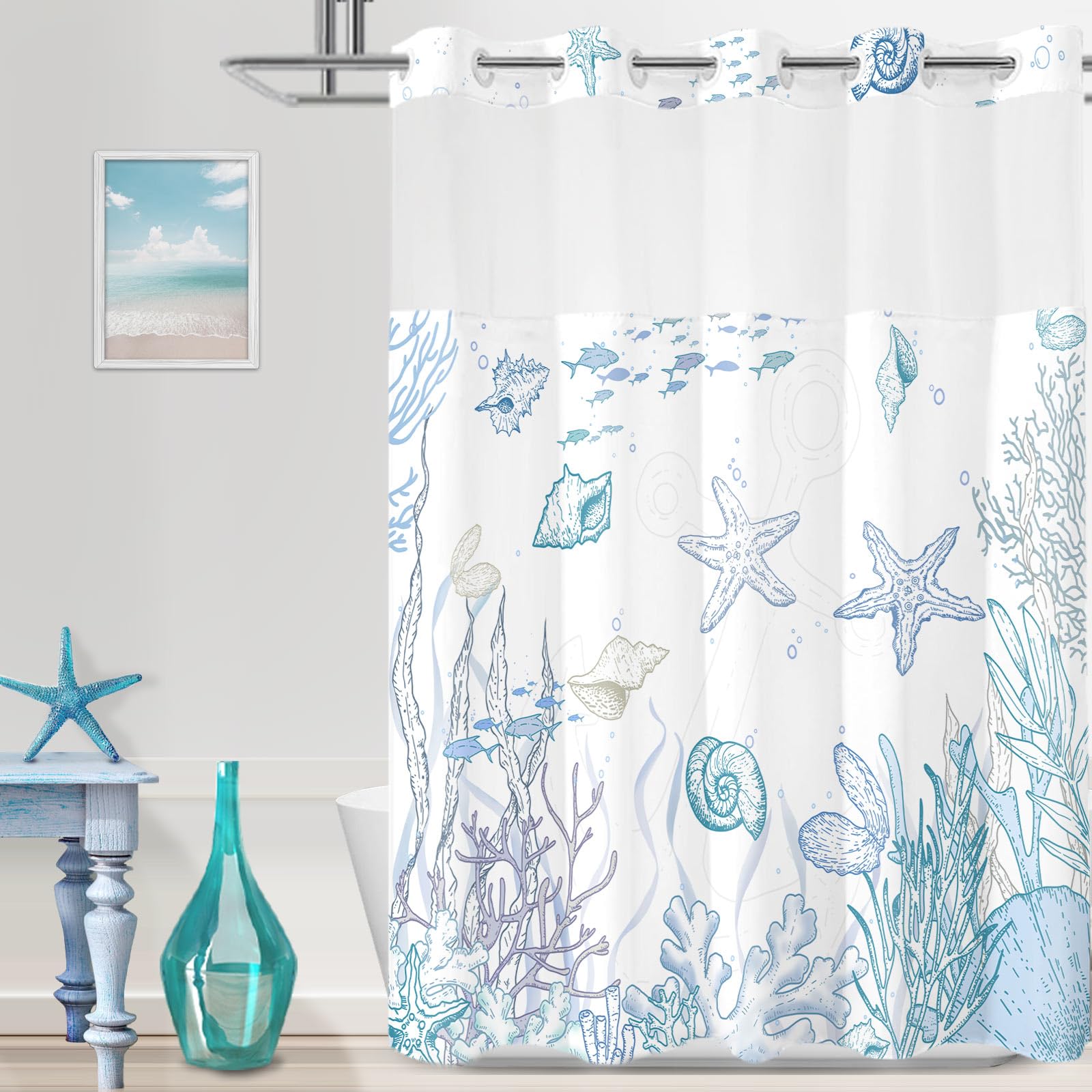 TWLSNCD seashell design on no hook shower curtain enhances coastal bathroom ambiance.