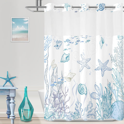 TWLSNCD seashell design on no hook shower curtain enhances coastal bathroom ambiance.