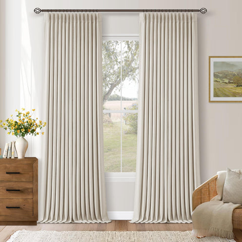 TWODRAPES 105-inch blackout curtains in ivory highlight linen texture and room-darkening capability
