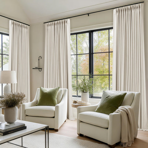TWODRAPES back tab option demonstrates flexible hanging and hidden rod look