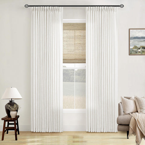 TWODRAPES beige-white linen curtains, pinch-pleat texture, diffusing natural light for a softer room ambience