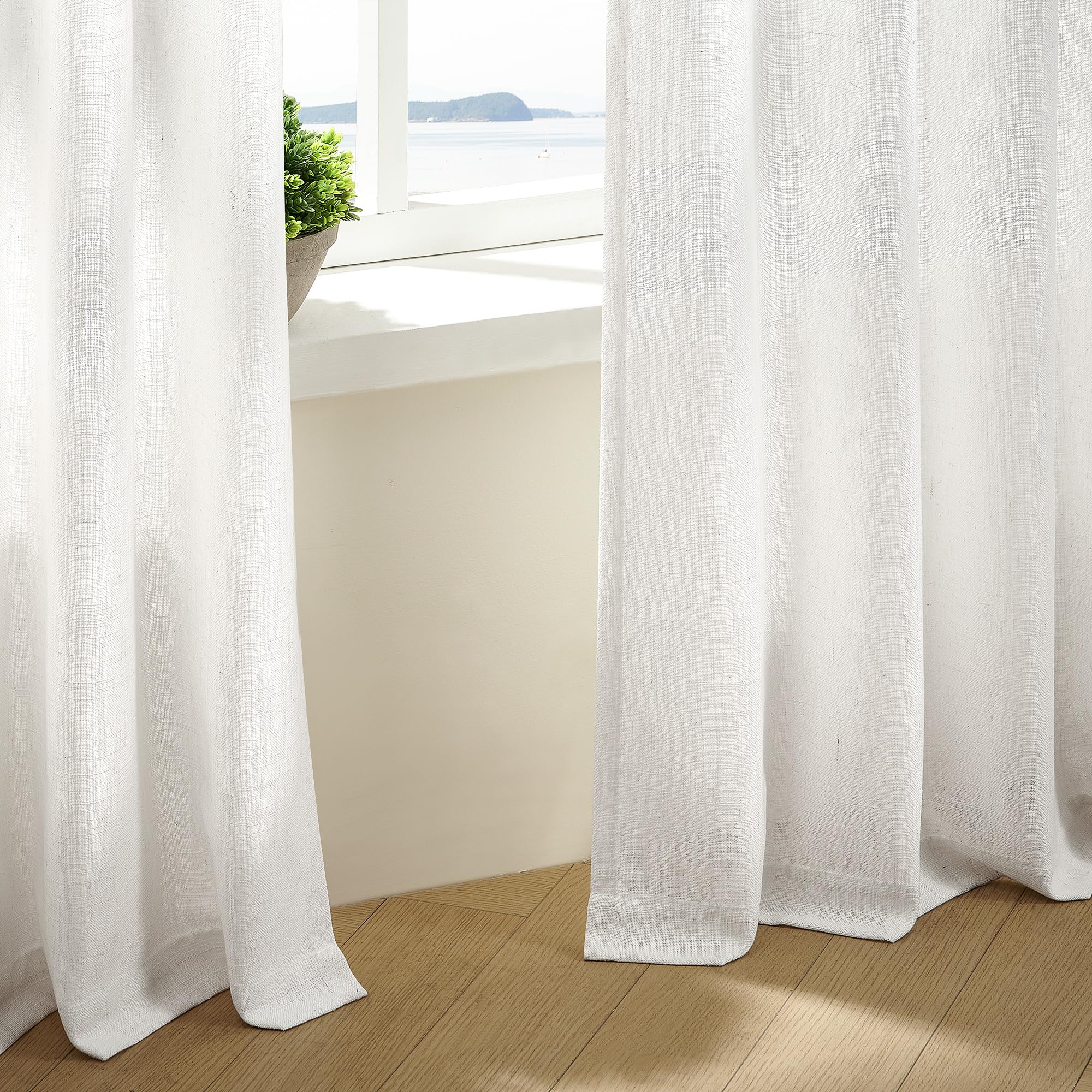 TWODRAPES beige-white linen curtains back tab option offers clean concealment