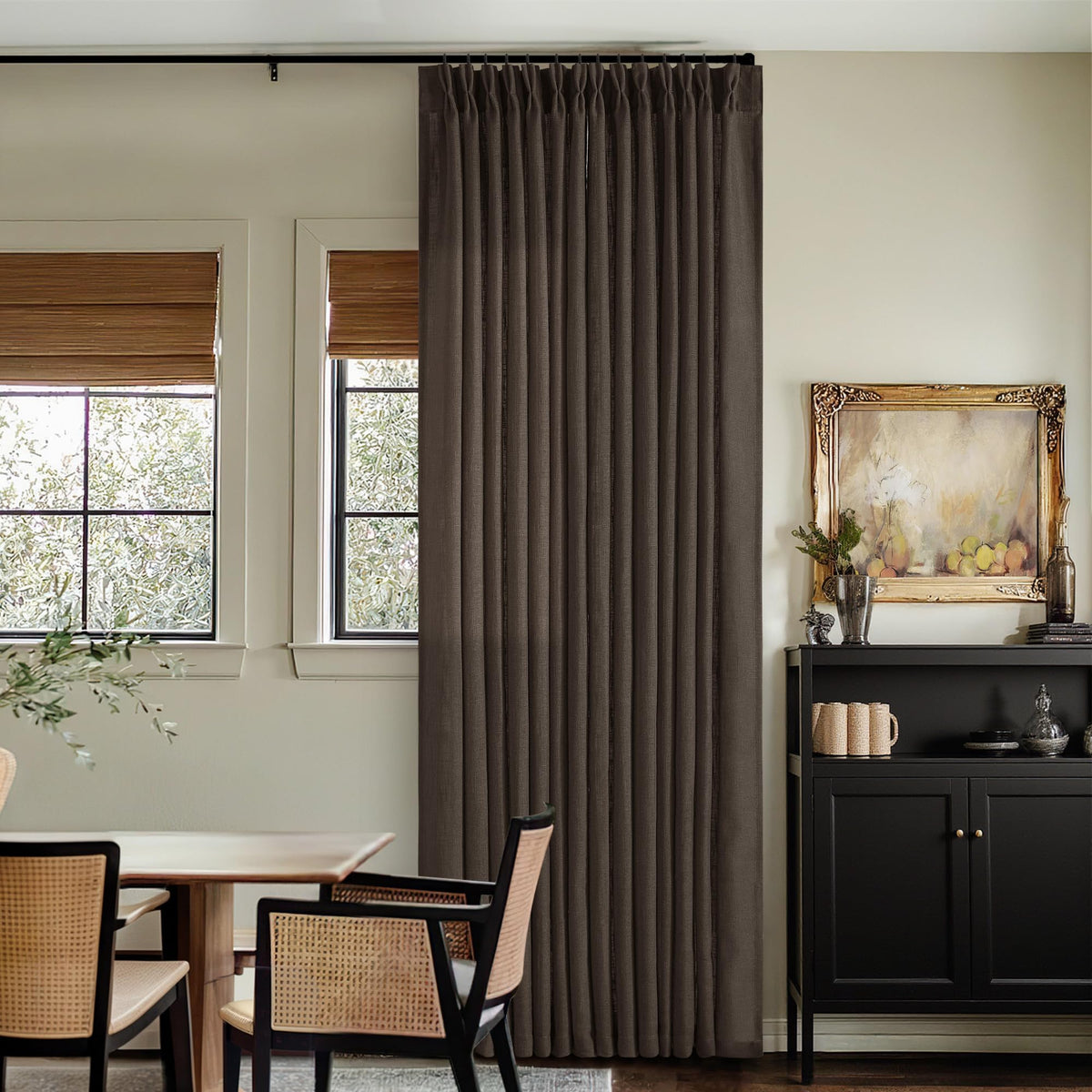 TWODRAPES dark chocolate curtain close-up reveals flax texture and durable weave.