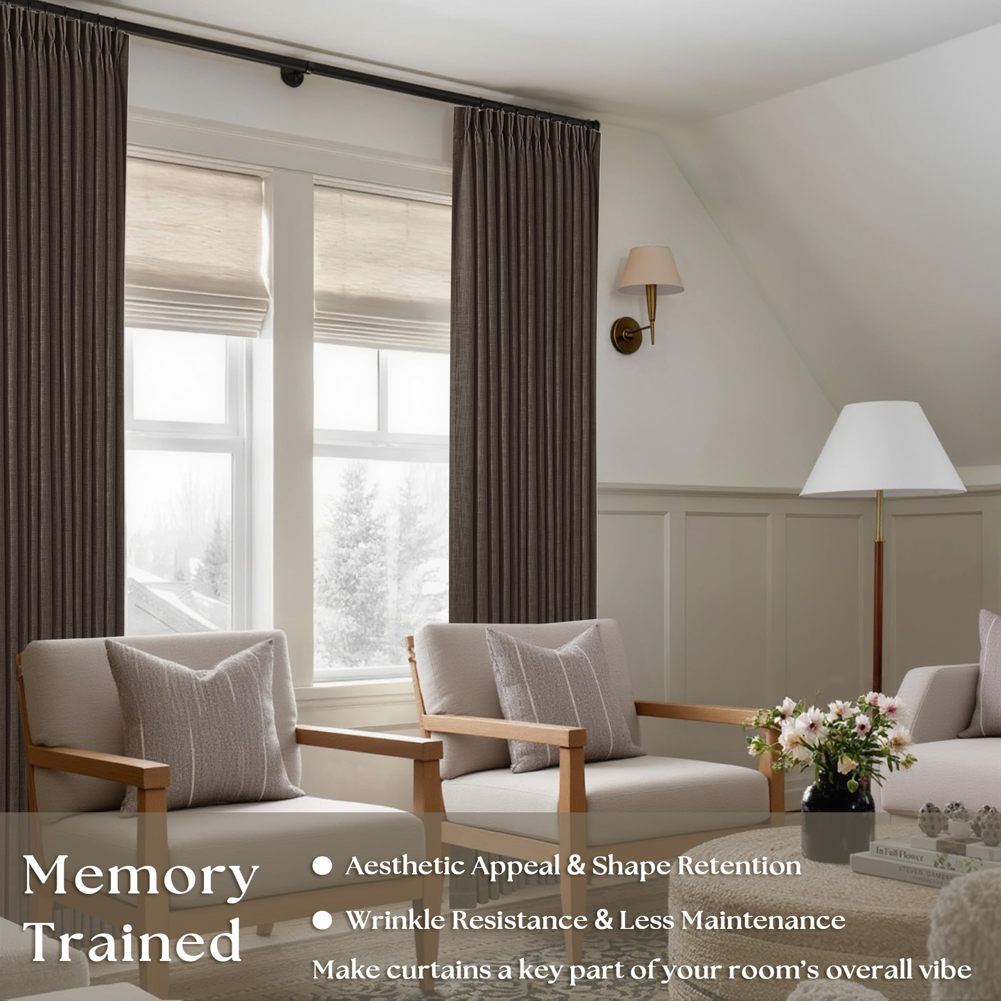 TWODRAPES dark chocolate memory shape panel with neatly kept pinch pleats.