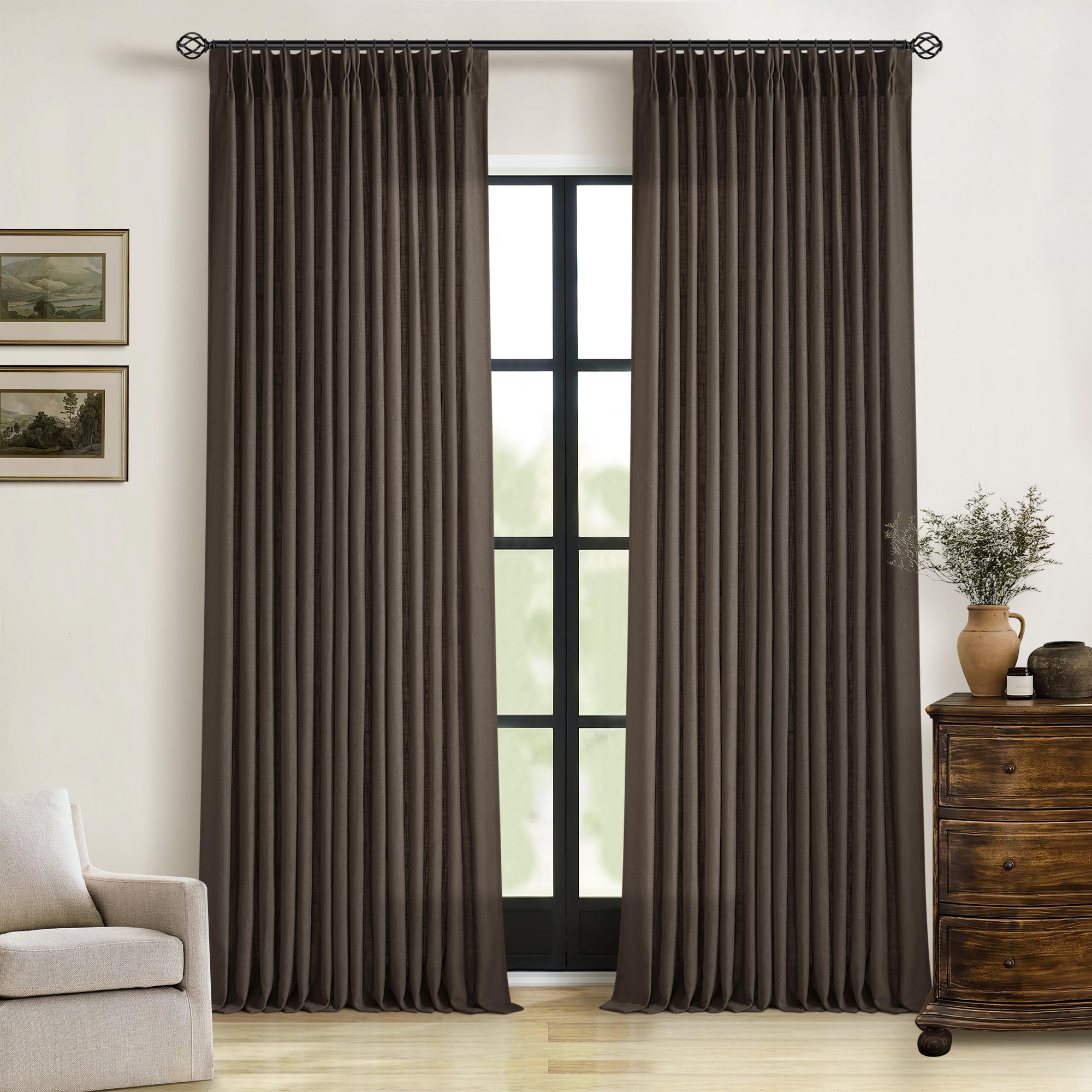 TWODRAPES Dark Chocolate pinch-pleat curtain panel close-up showing flax linen texture and premium finish.