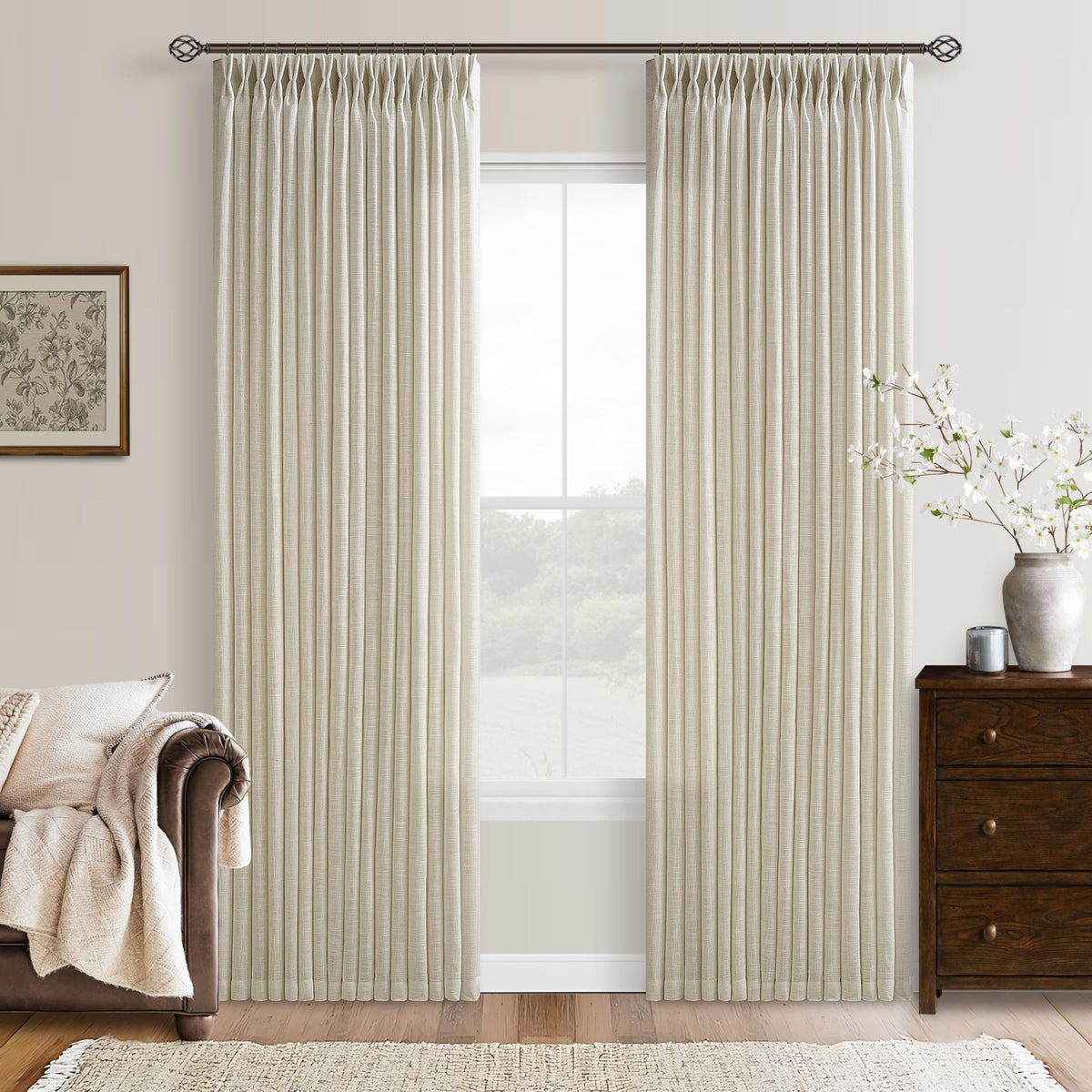 TWODRAPES farmhouse linen curtains setup showing ready-made 2-panel 90-inch length