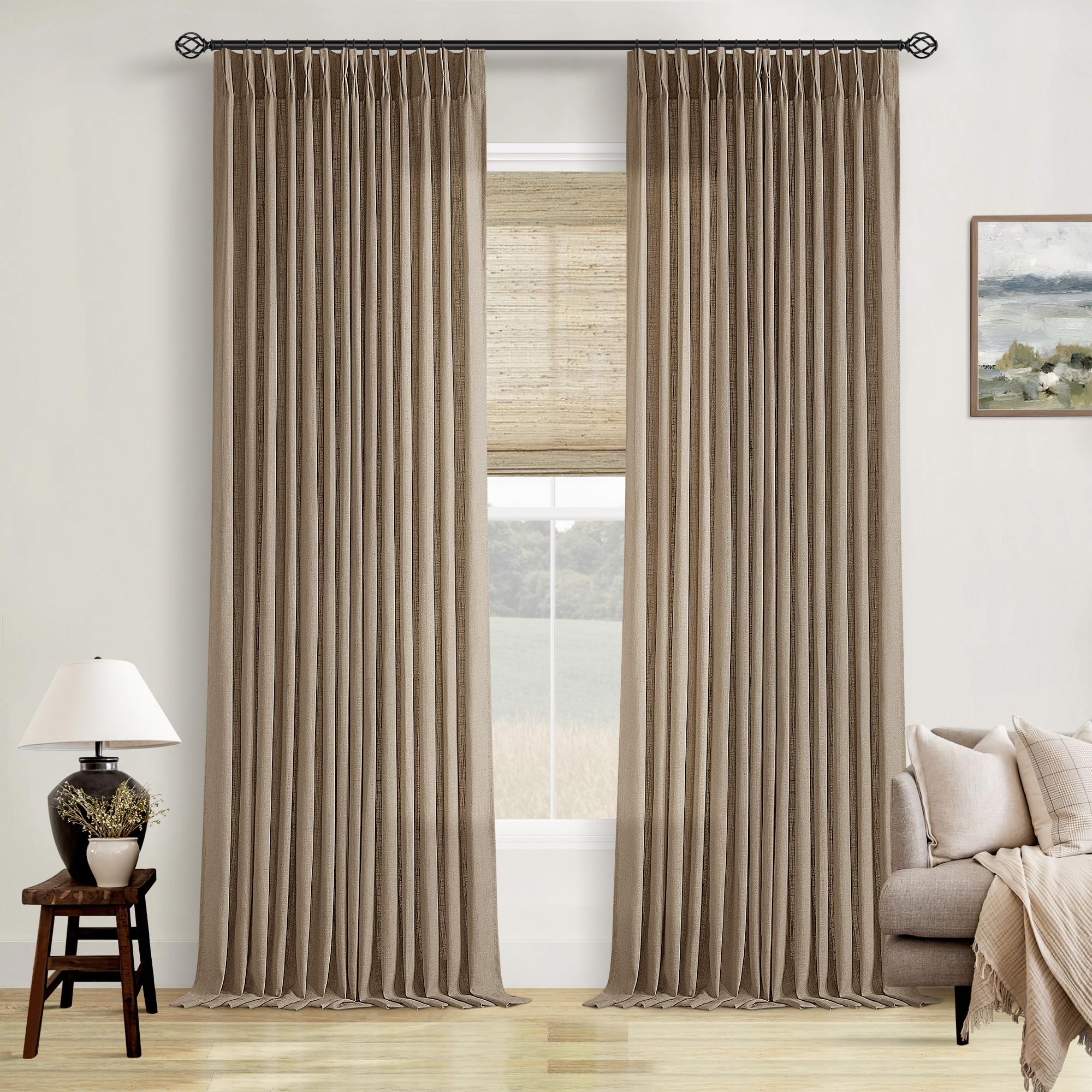 TWODRAPES Farmhouse tan linen curtains light-filtering living room view