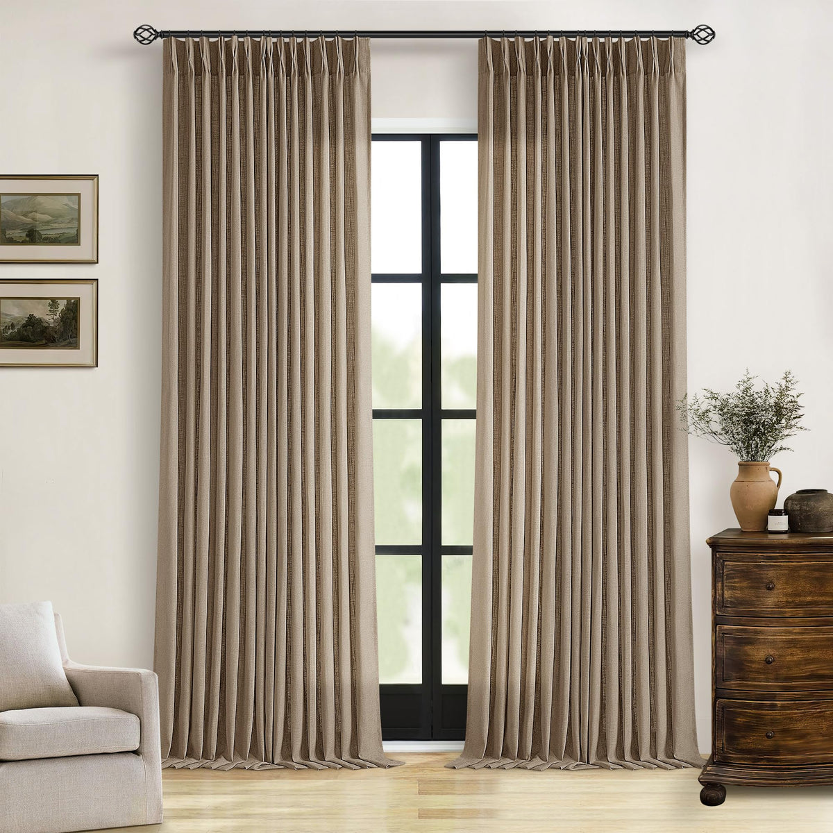 TWODRAPES Farmhouse tan linen curtains in living room with 102-inch length for privacy