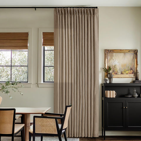TWODRAPES Farmhouse tan linen curtains memory shape closeup