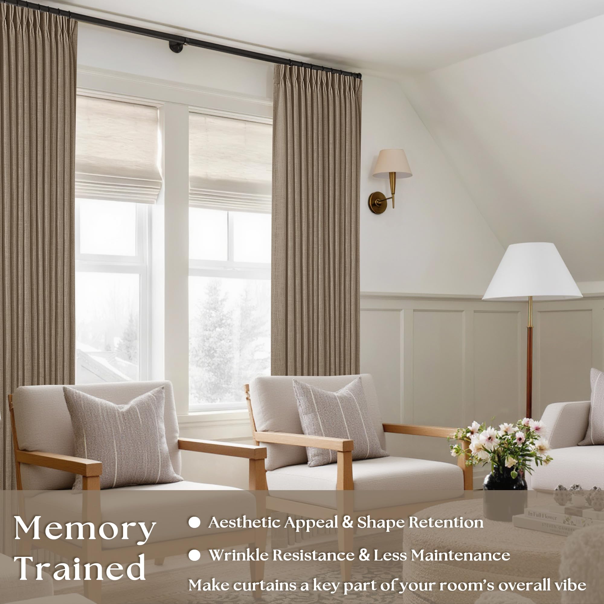TWODRAPES Farmhouse tan linen curtains pinch pleat closeup showing texture