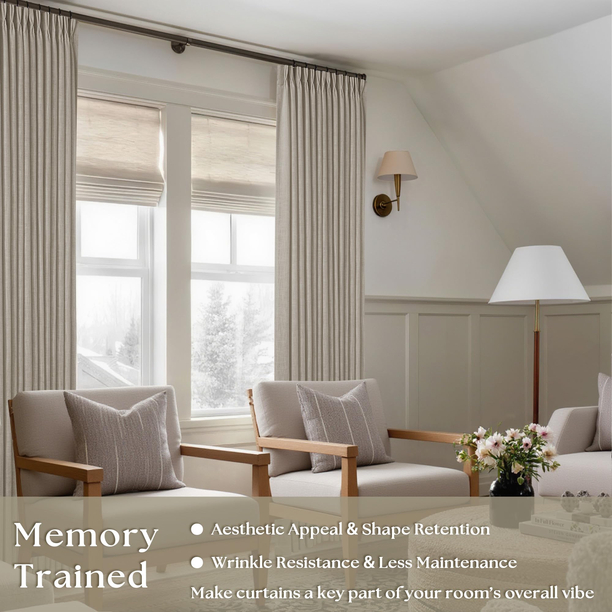 TWODRAPES flax linen back-tab curtains showing seamless rod hiding for a clean look