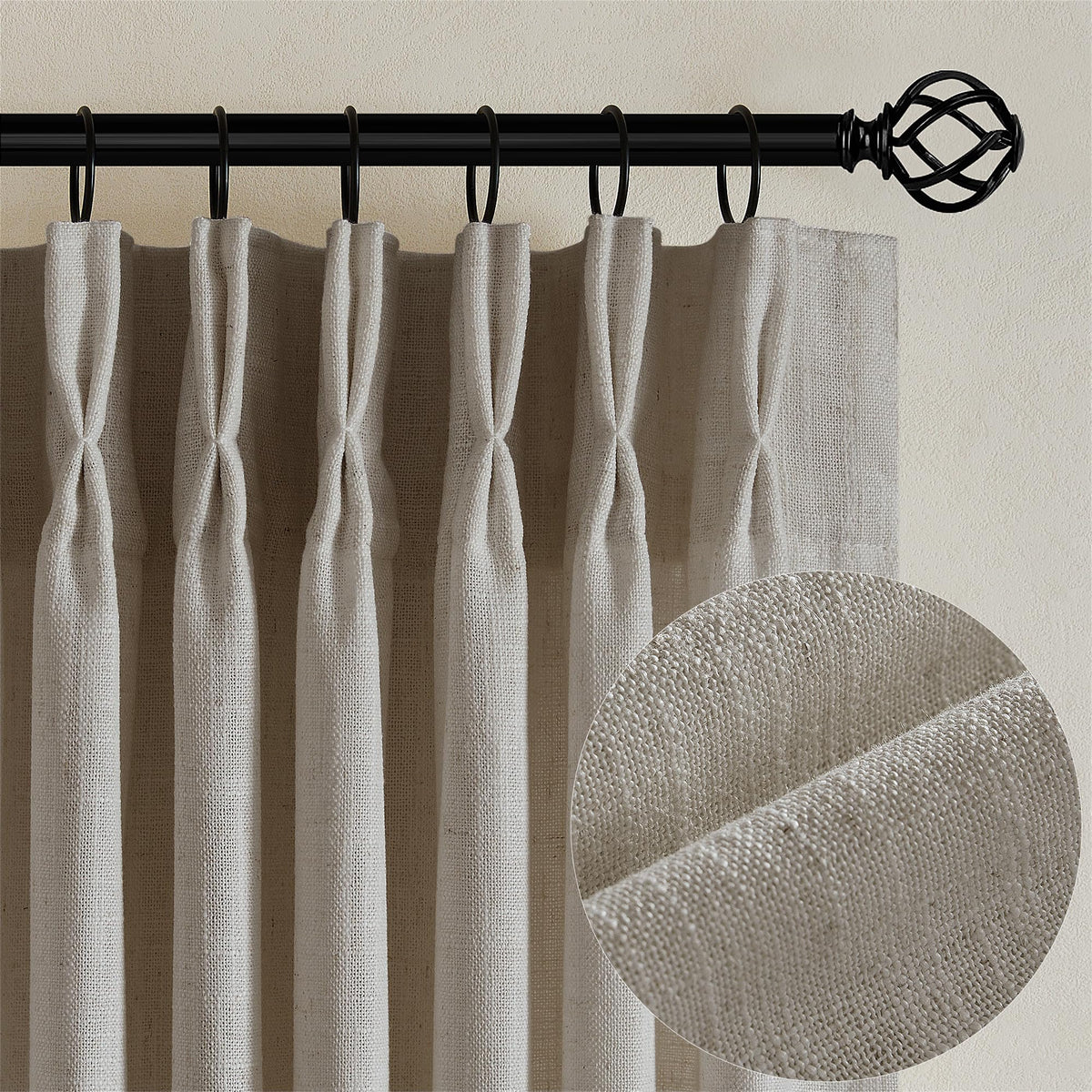 TWODRAPES flax linen curtains with pinch-pleat silhouette framing soft natural light