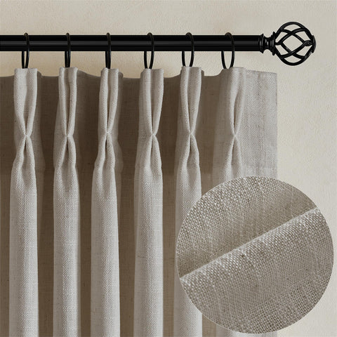 TWODRAPES flax linen curtains with pinch-pleat silhouette framing soft natural light