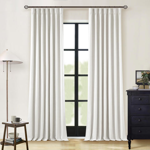 TWODRAPES linen blackout curtains 108-inch fabric close-up showing rich texture and privacy.