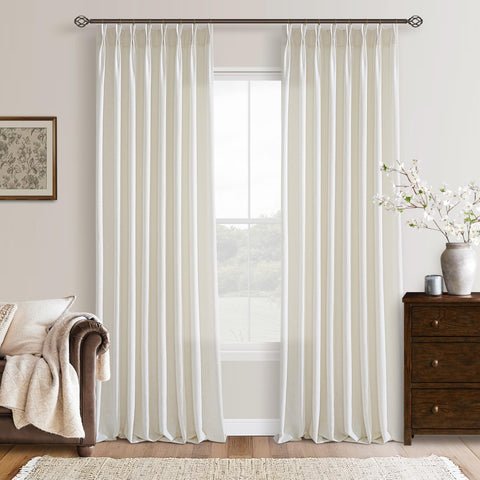 TWODRAPES linen curtains 108-inch cream closeup showing pinch-pleat detail and rich texture