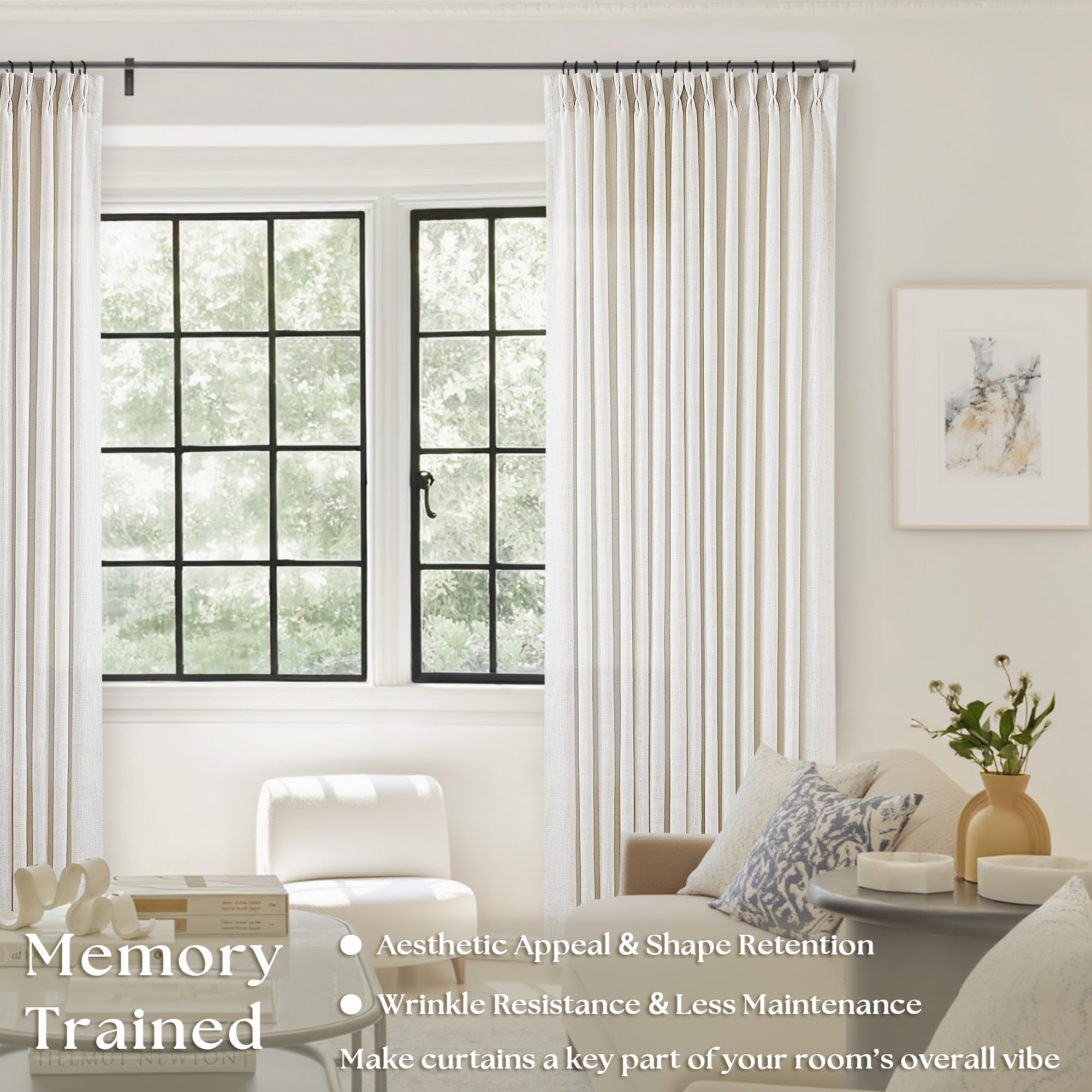 TWODRAPES natural cream pinched-pleated linen curtains, 92-inch panel, enhances privacy and diffuses light.