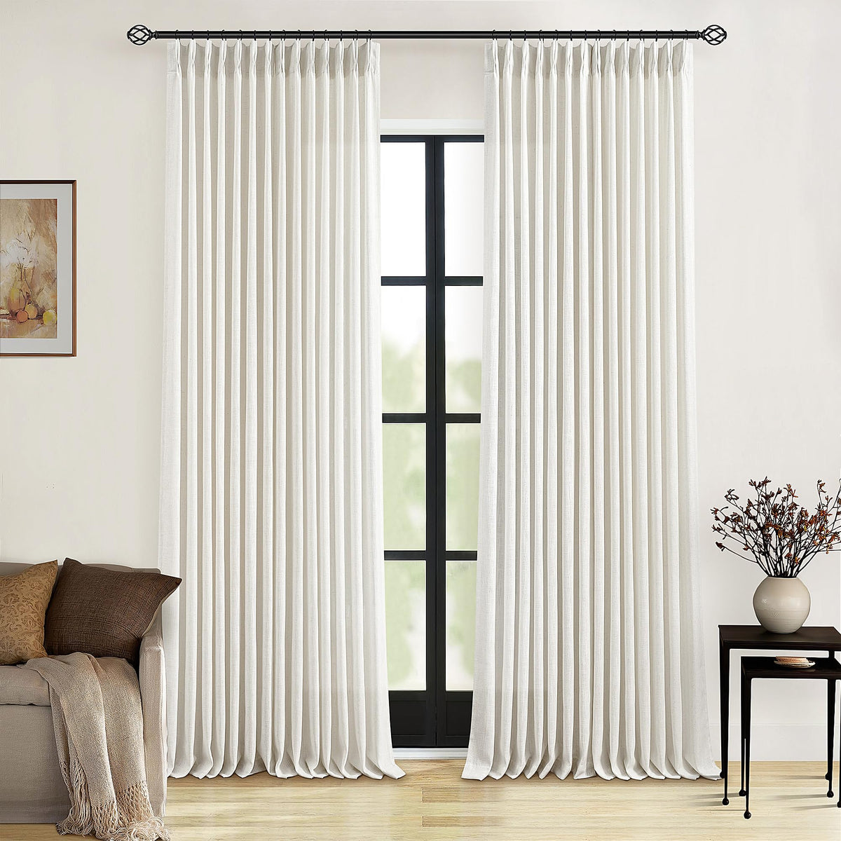 TWODRAPES natural linen pinch pleated curtains for living room provide warm ambience.