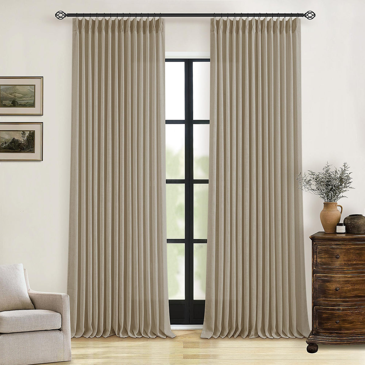 TWODRAPES pinch pleat curtain texture closeup showing premium linen feel for living spaces