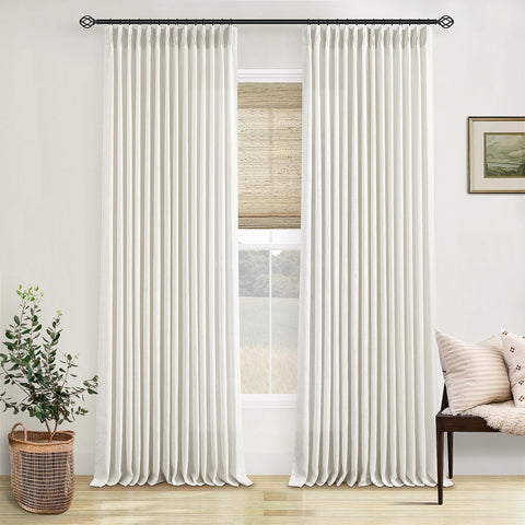 TWODRAPES pinch-pleated linen curtains front view in cream ivory filter light softly