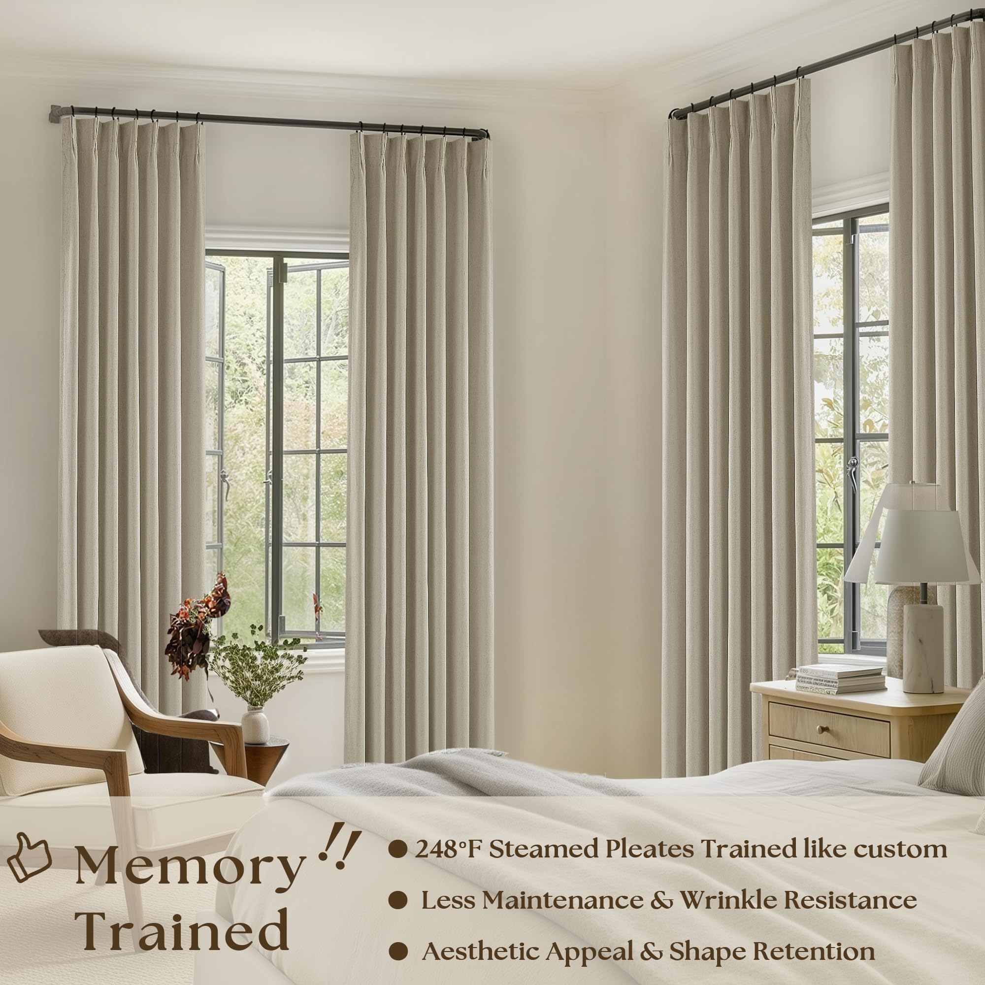 TWODRAPES pinched-pleat curtains back tab design adds neat, modern windows.