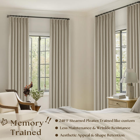 TWODRAPES pinched-pleat curtains back tab design adds neat, modern windows.
