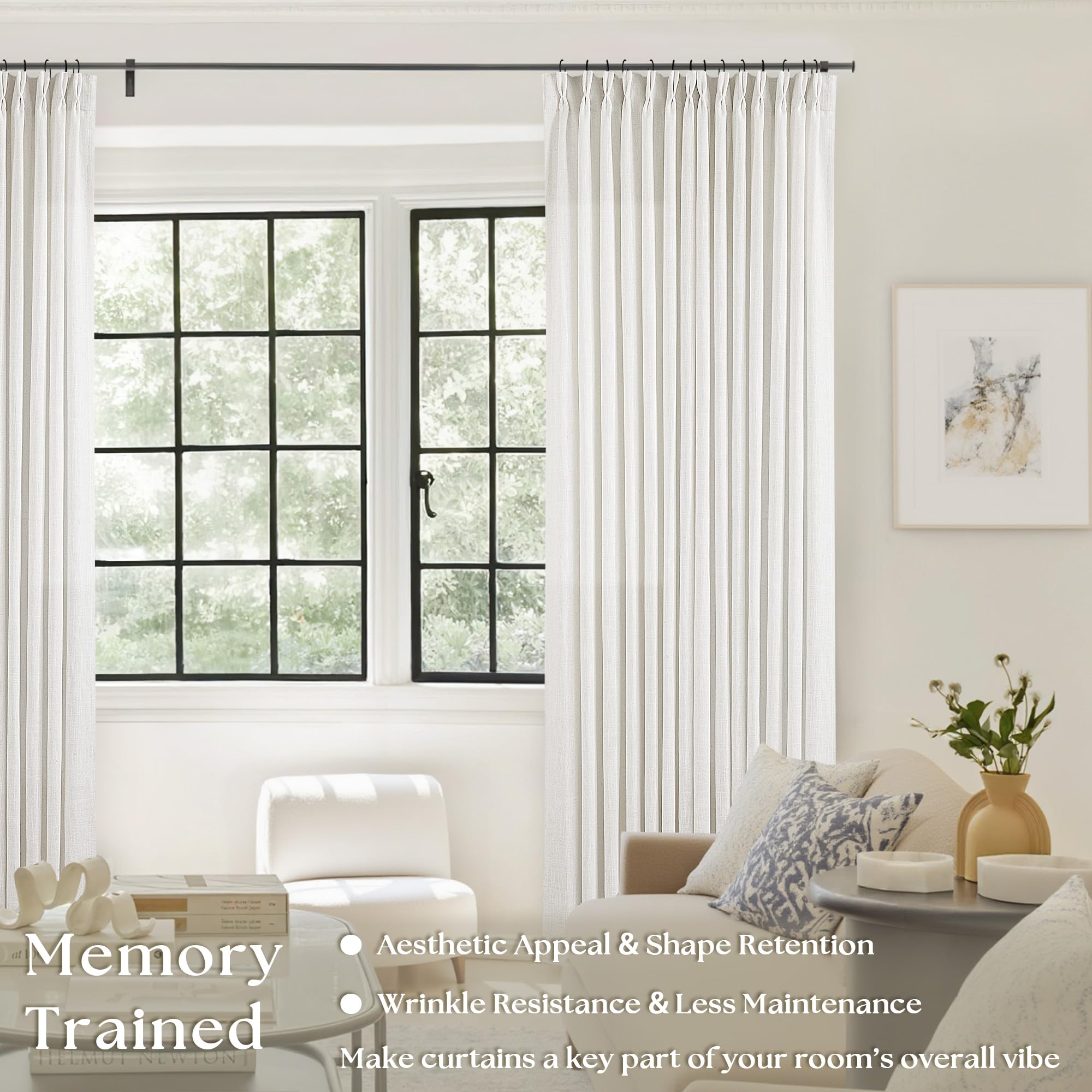 TWODRAPES pinched-pleat curtains finish detail highlights memory-shape folds for neater appearance.