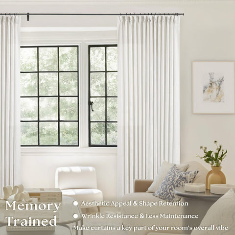 TWODRAPES pinched-pleat curtains finish detail highlights memory-shape folds for neater appearance.