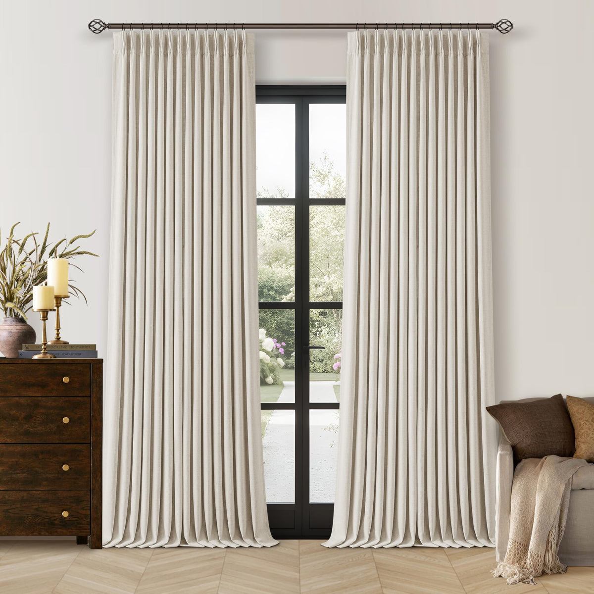 TWODRAPES pinch-pleat curtains front view demonstrate stylish pleats that enhance privacy and darken bright mornings.