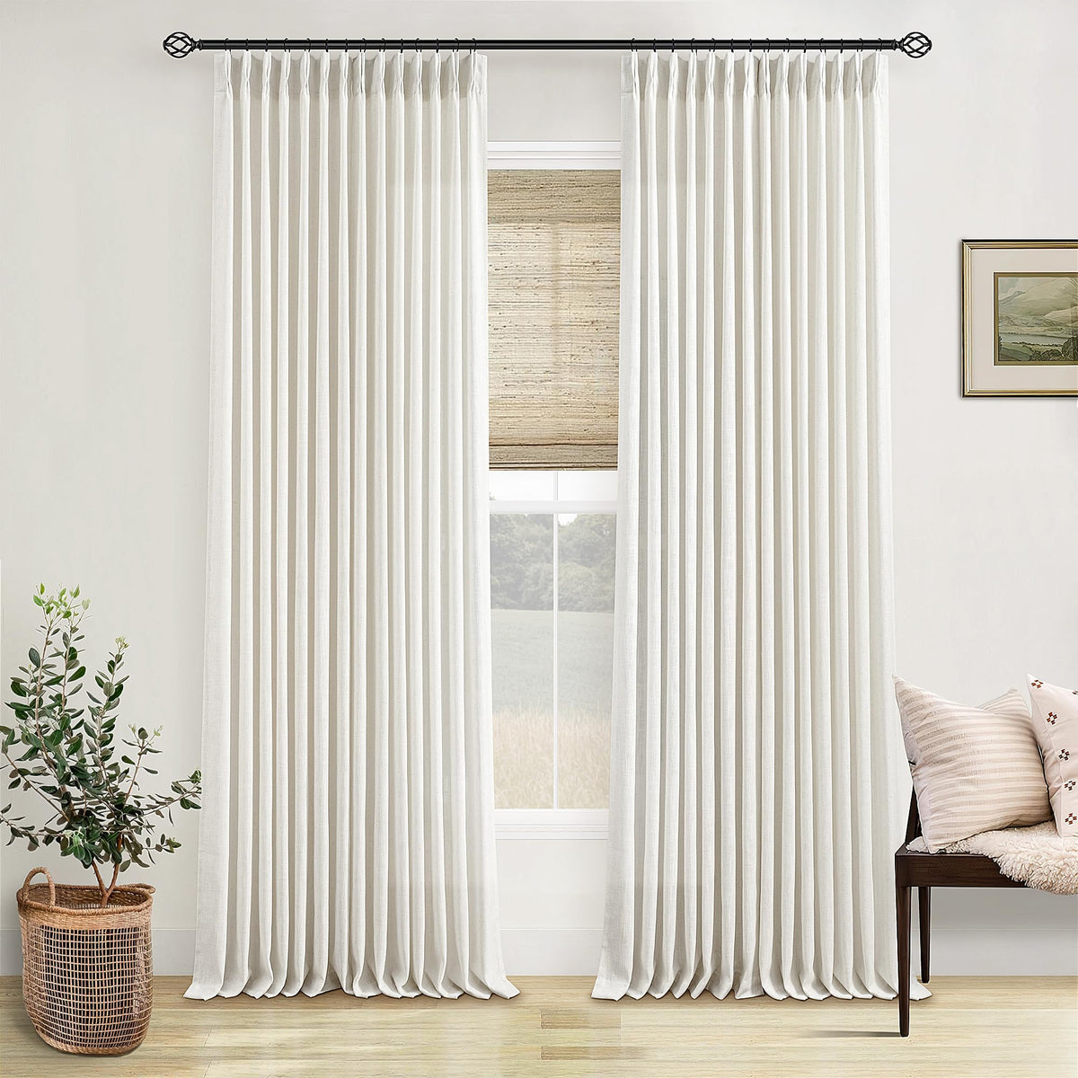 TWODRAPES pinched-pleat linen curtains in cream for a timeless living room ambiance