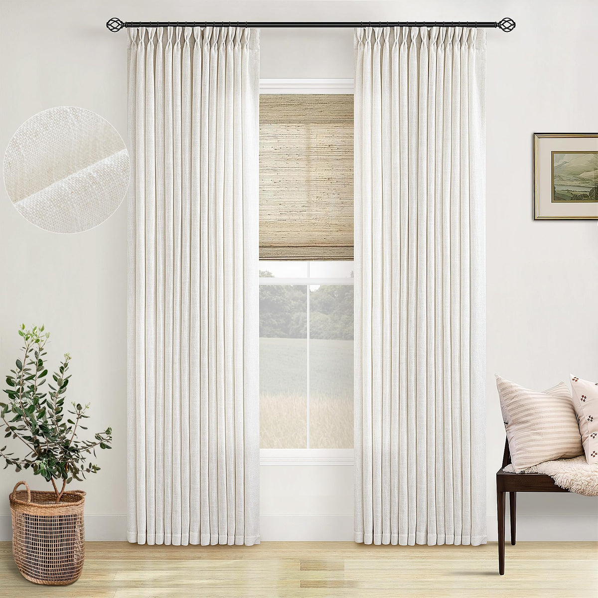 TWODRAPES Pinch Pleated Curtains front view in cream ivory diffusing natural light