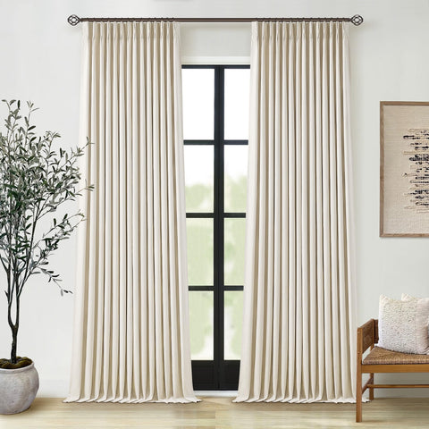 TWODRAPES pleated cream beige linen blackout curtains front view for a calm bedroom ambience.