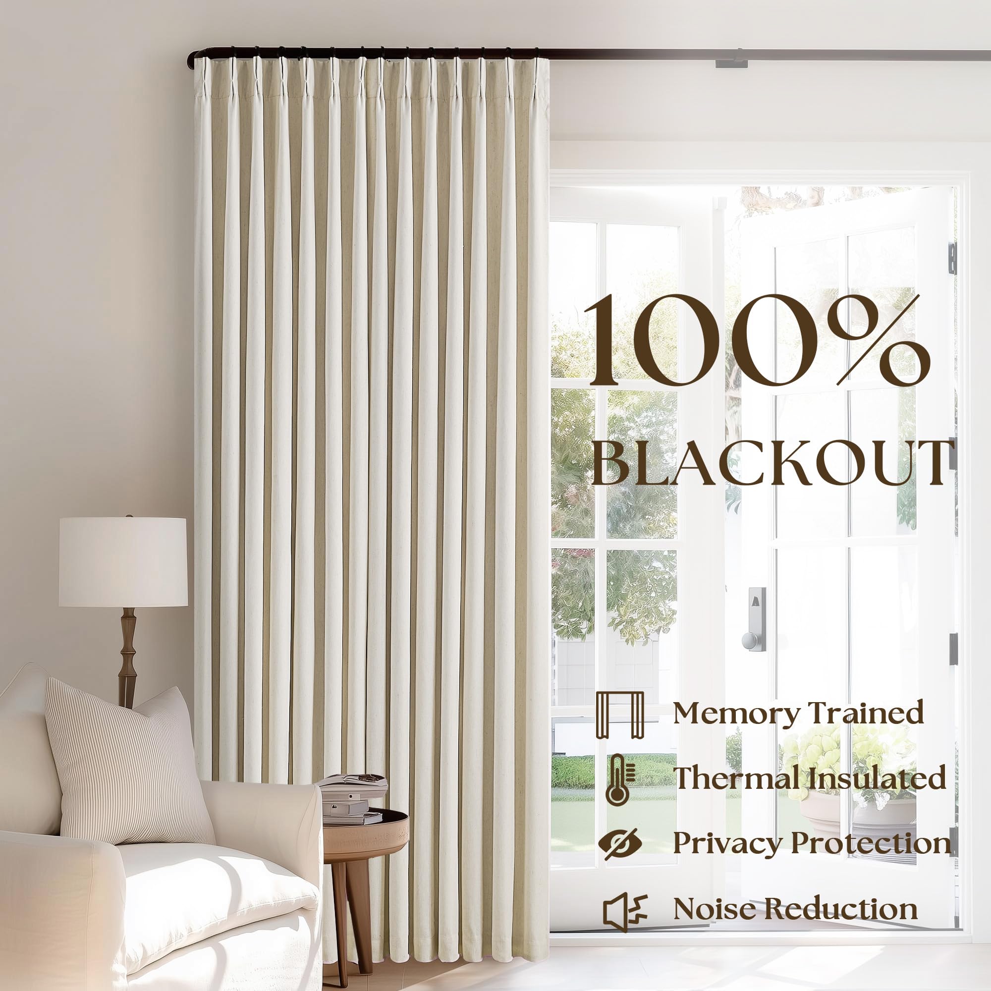 TWODRAPES pinch-pleat-detail reveals memory-shape retention for neat, tailored hangs.
