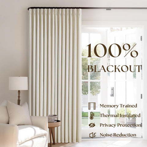 TWODRAPES pinch-pleat-detail reveals memory-shape retention for neat, tailored hangs.