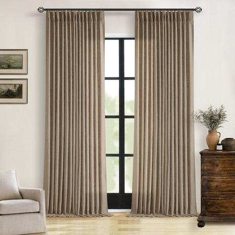 TWODRAPES pleated linen curtains front view diffuse daylight for a cozy living room