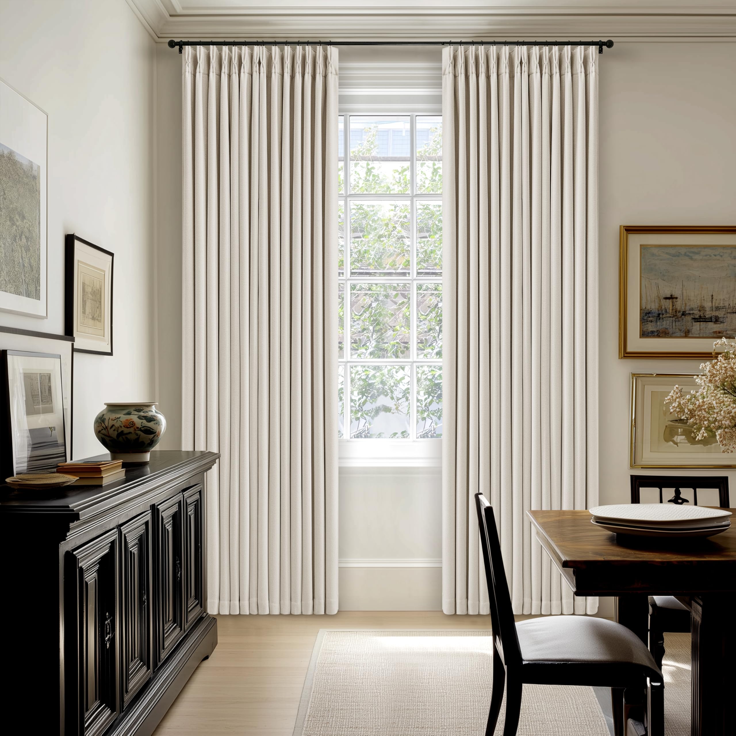 TWODRAPES ready-made set simplifies setup with prepacked panels and hardware.