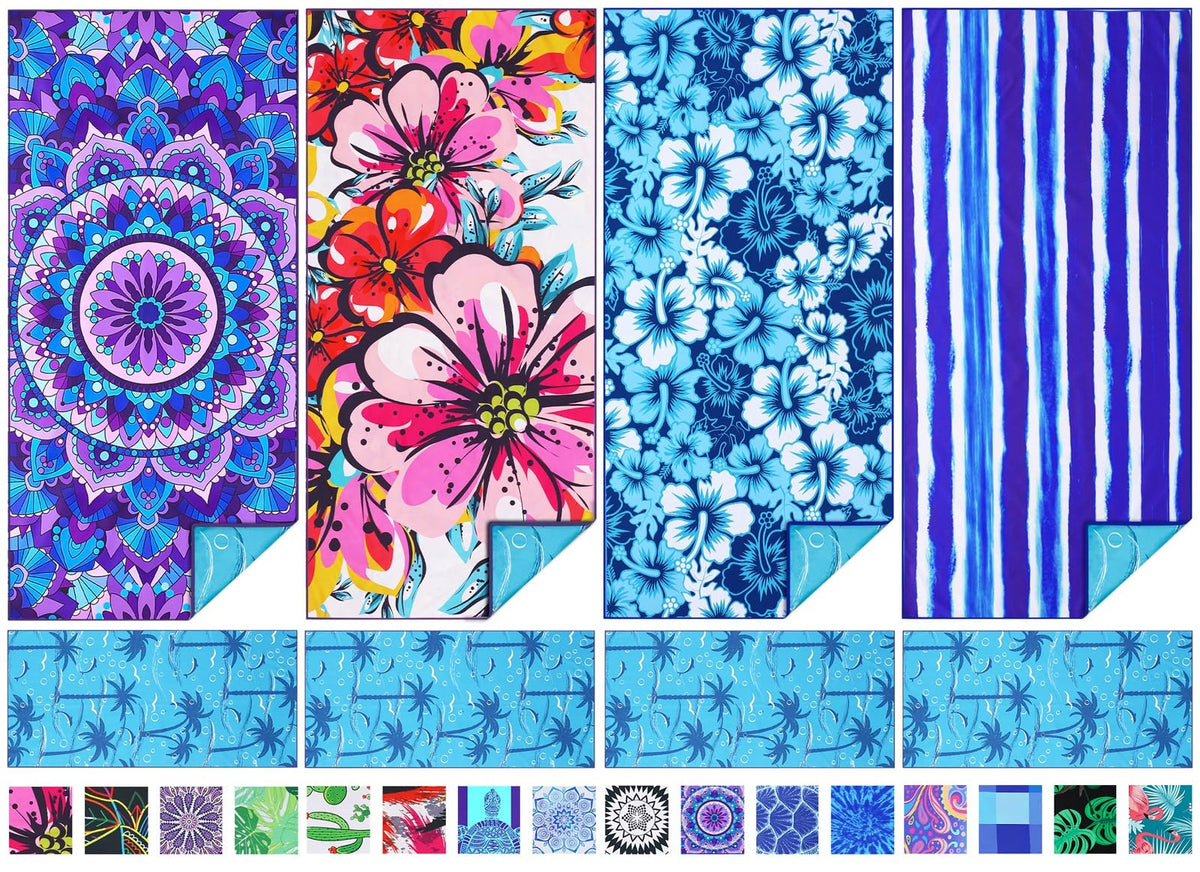 TwoYek 4-pack microfiber beach towels, 71x32, quick-dry travel essential.
