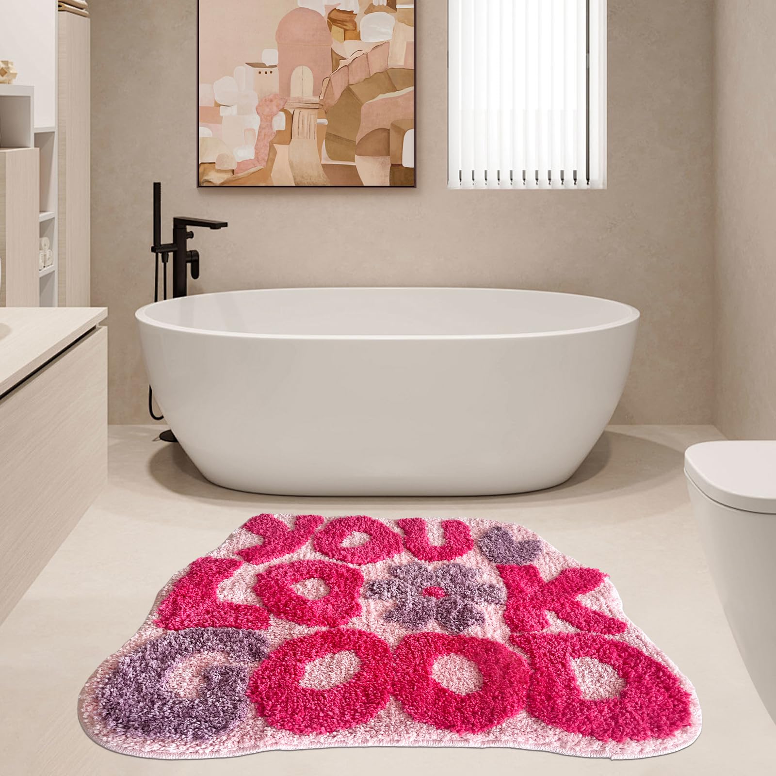 TWWDE AUG ultrafine fiber bath mat in hot pink dries quickly and keeps floors dry.