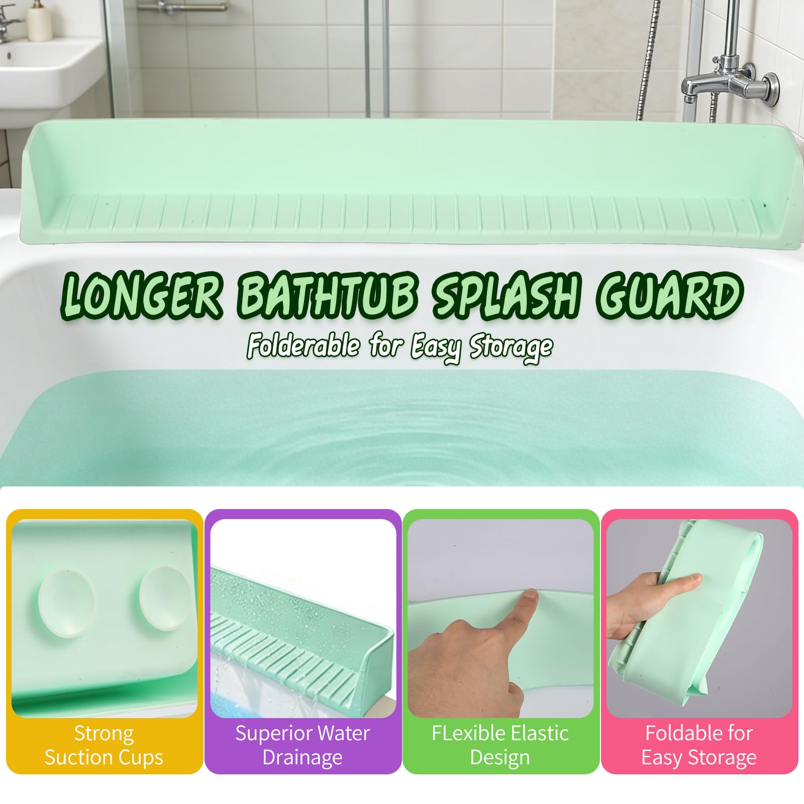 Guard extends beyond tub edge creating extra space for bath toys.