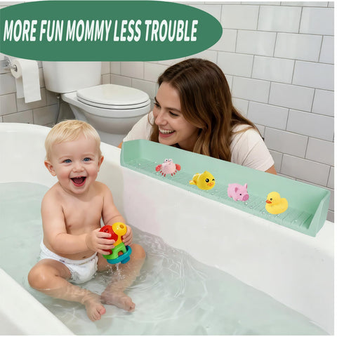 Guard used as a toy holder with bath supplies neatly stored nearby.
