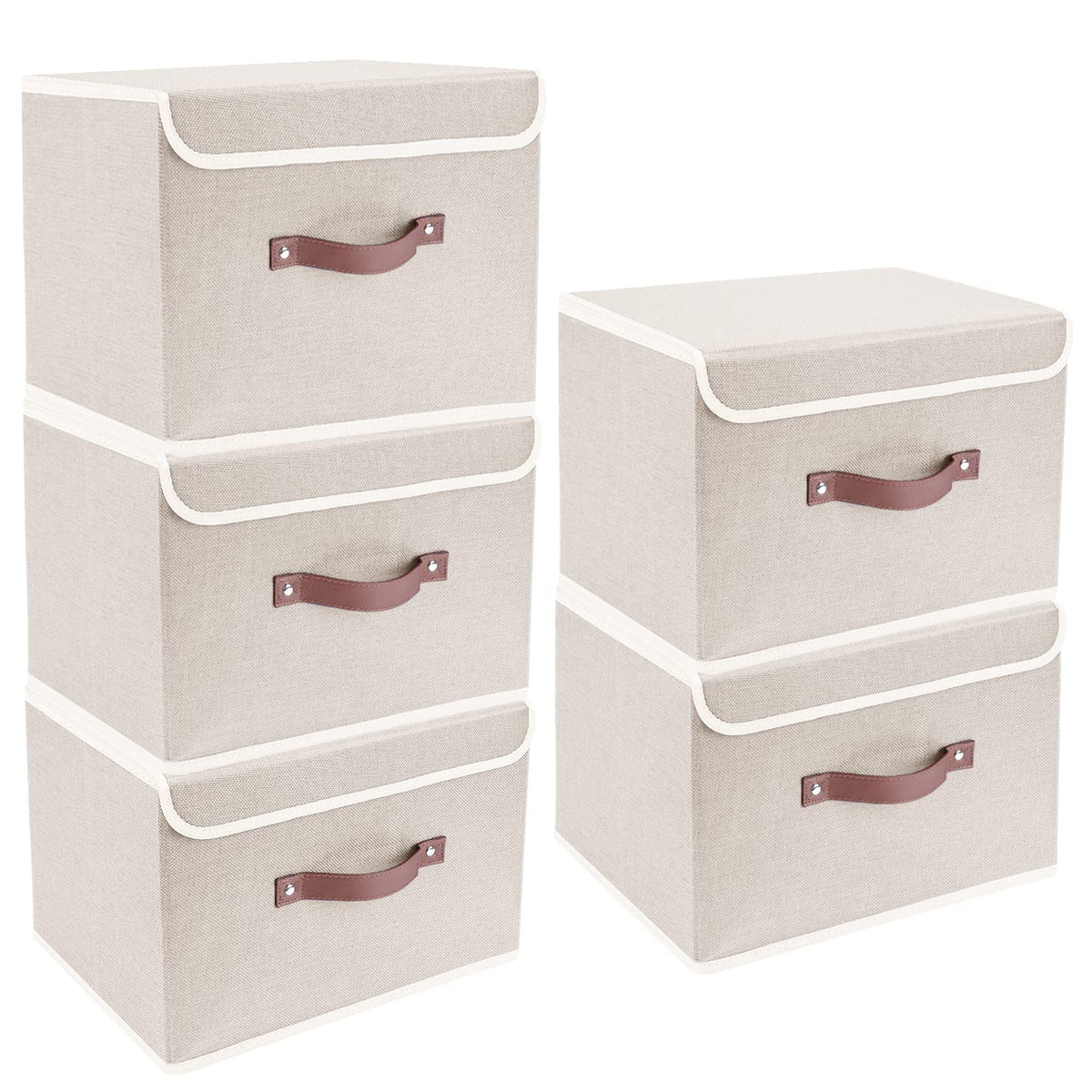 TYEERS foldable storage bin outer with lid beige, ideal for closet organization.