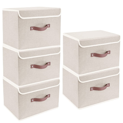 TYEERS foldable storage bin outer with lid beige, ideal for closet organization.
