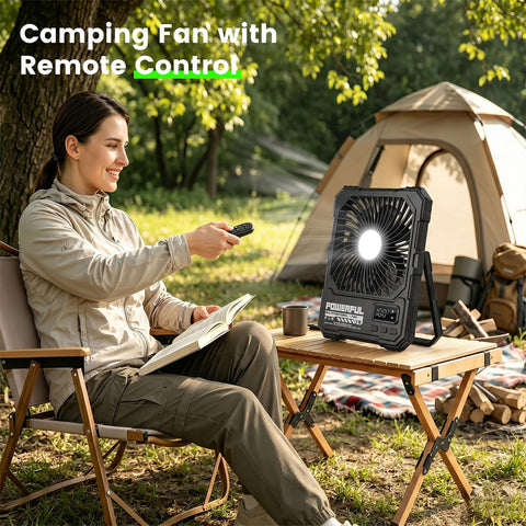 TYJONX USB rechargeable camping fan powering devices outdoors while staying cool