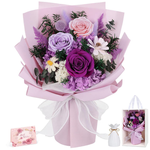 TYL&TYS Forever Flowers purple rose bouquet with built-in vase ready for display